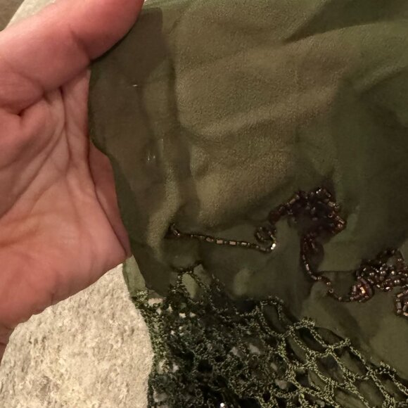 Designer Sue Wong SILK Evening Scarf Shawl Runner Large Olive Green Hand Bead #7 - Picture 6 of 13